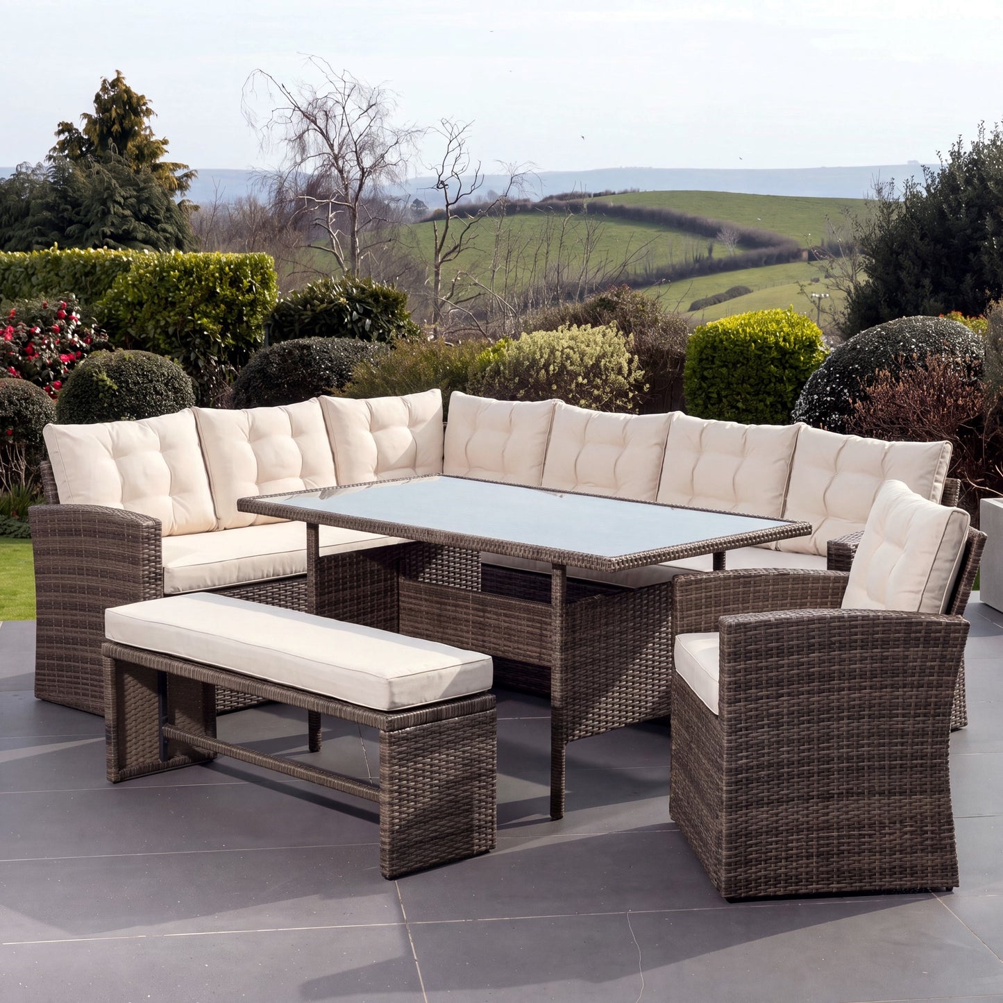 Piana 10 Seat Rattan Corner Sofa with Table, Bench and Chair - Brown & Cream
