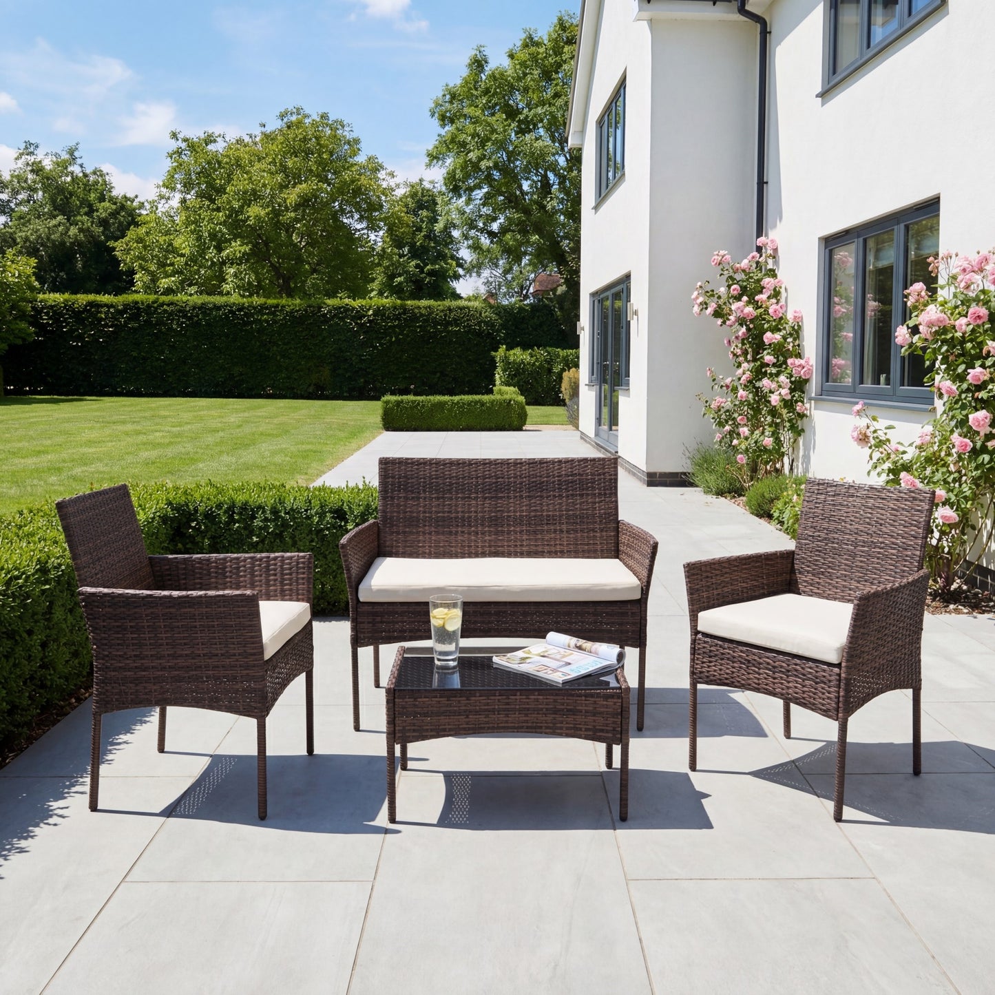 Corato 4-Seat Rattan Patio Set - Cream on Brown