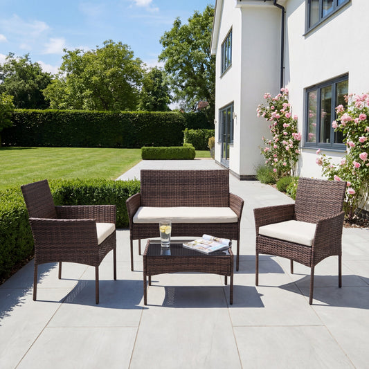 Corato 4-Seat Rattan Patio Set - Cream on Brown - Hanging Egg Chair
