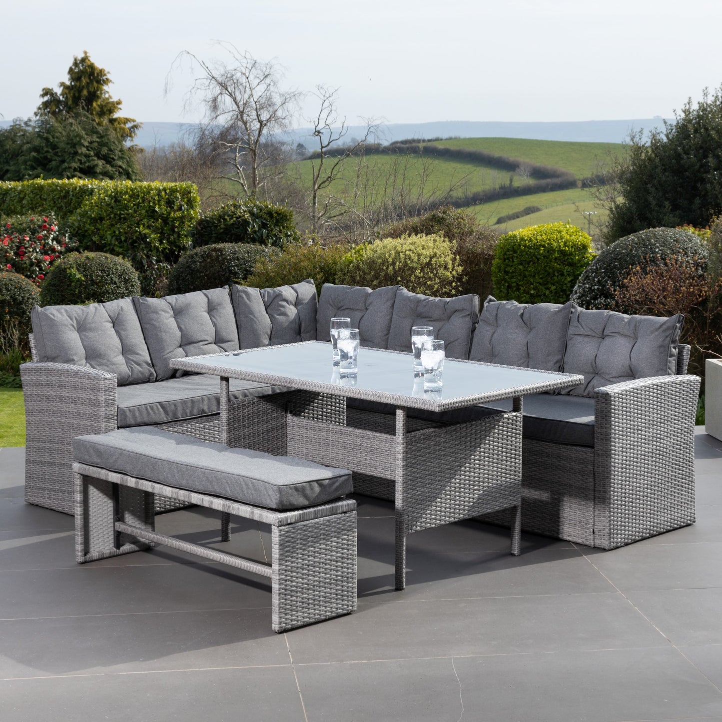 3 Piece Dining Set - Corner, Bench & Table - Grey on Grey