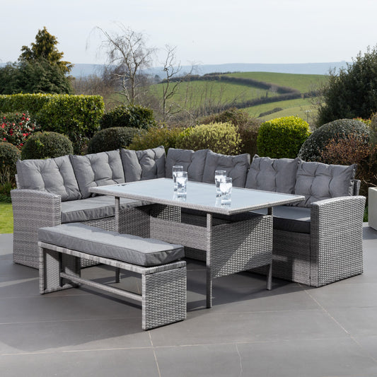 3 Piece Dining Set - Corner, Bench & Table - Grey on Grey