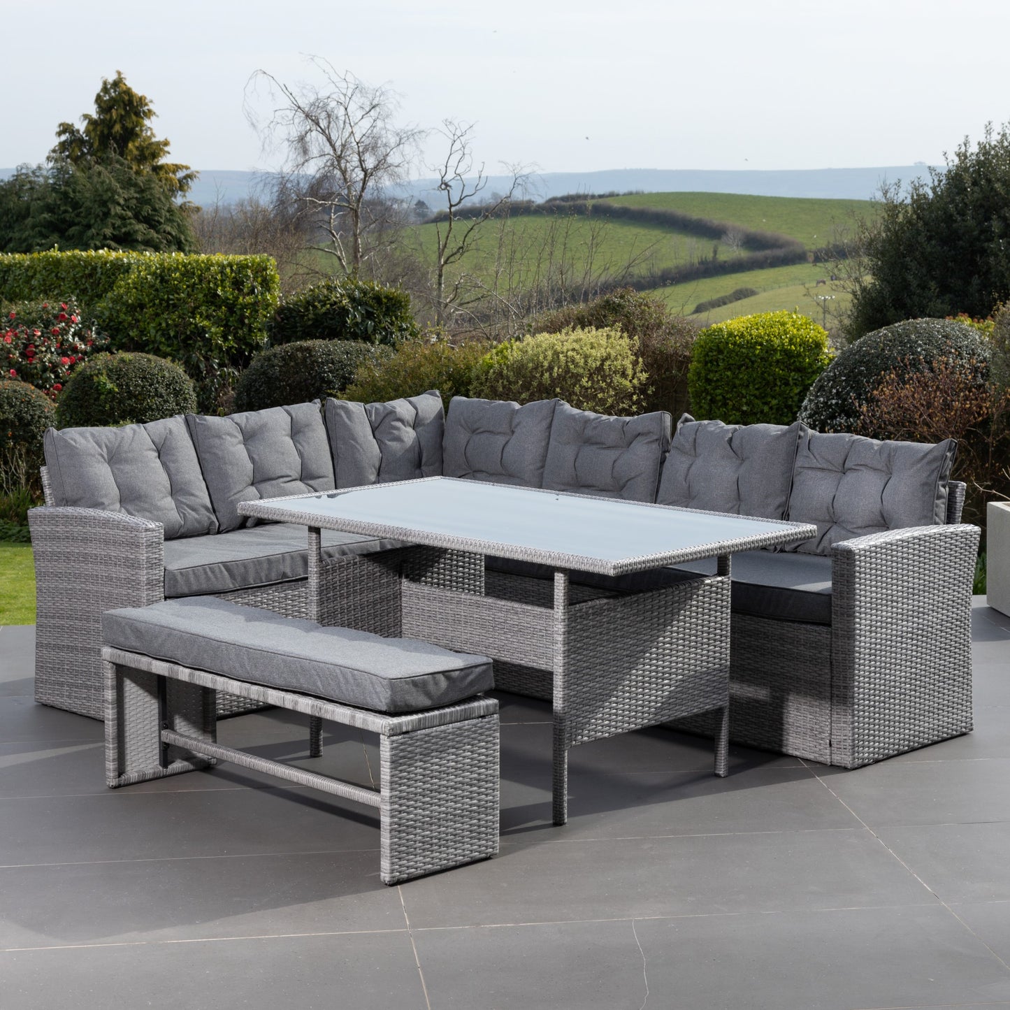 3 Piece Dining Set - Corner, Bench & Table - Grey on Grey