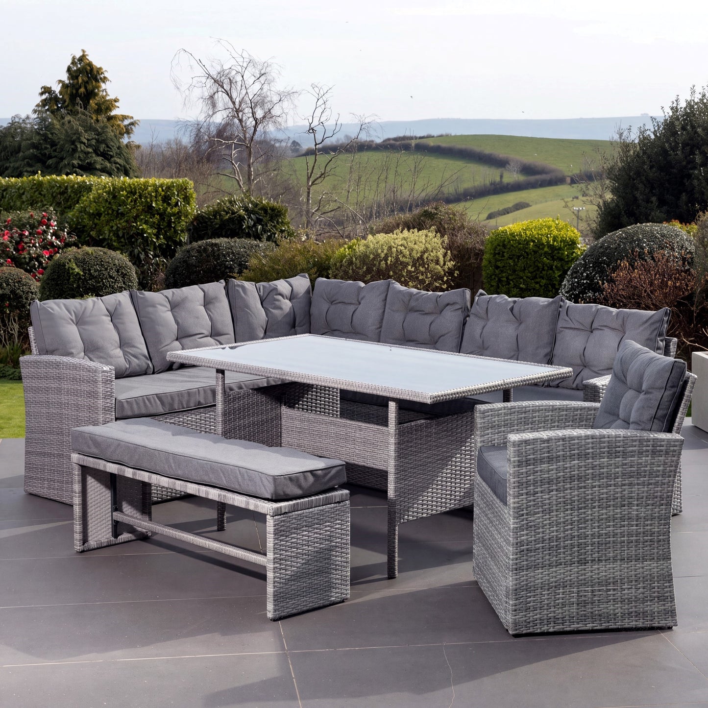 Piana 10 Seat Rattan Corner Sofa with Table, Bench and Chair - Grey