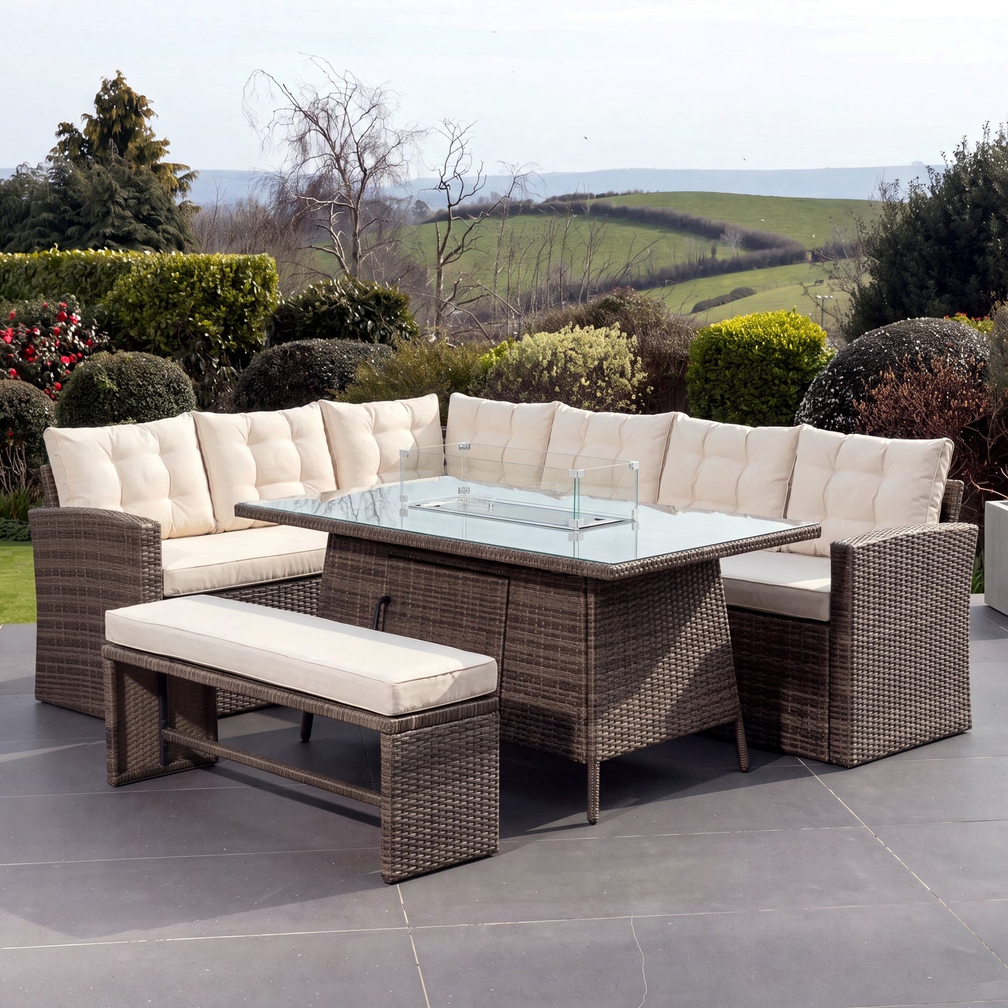 Piana 9 Seat Rattan Corner Sofa with Firepit Table and Bench - Brown & Cream