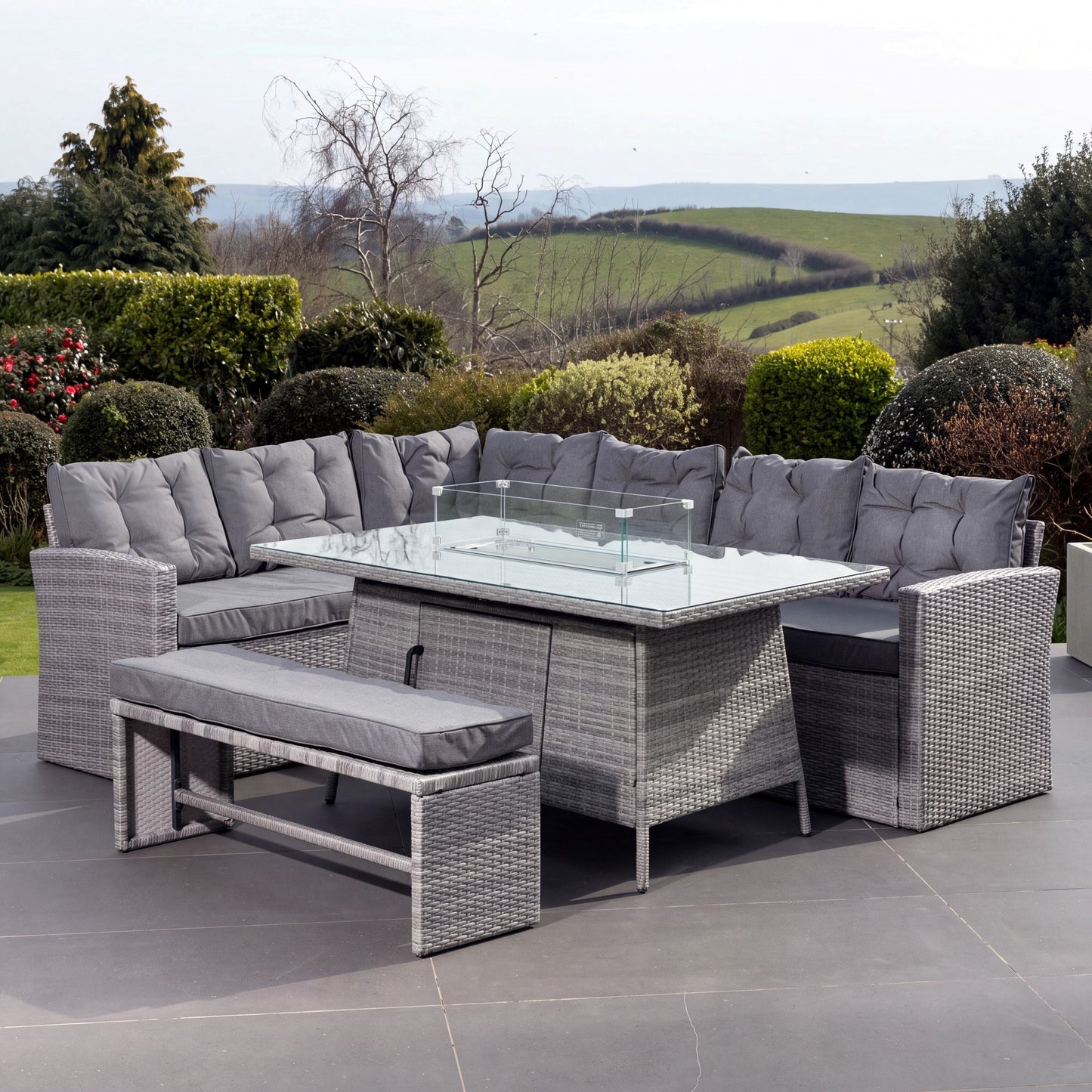 Piana 9 Seat Rattan Corner Sofa with Firepit Table and Bench - Grey