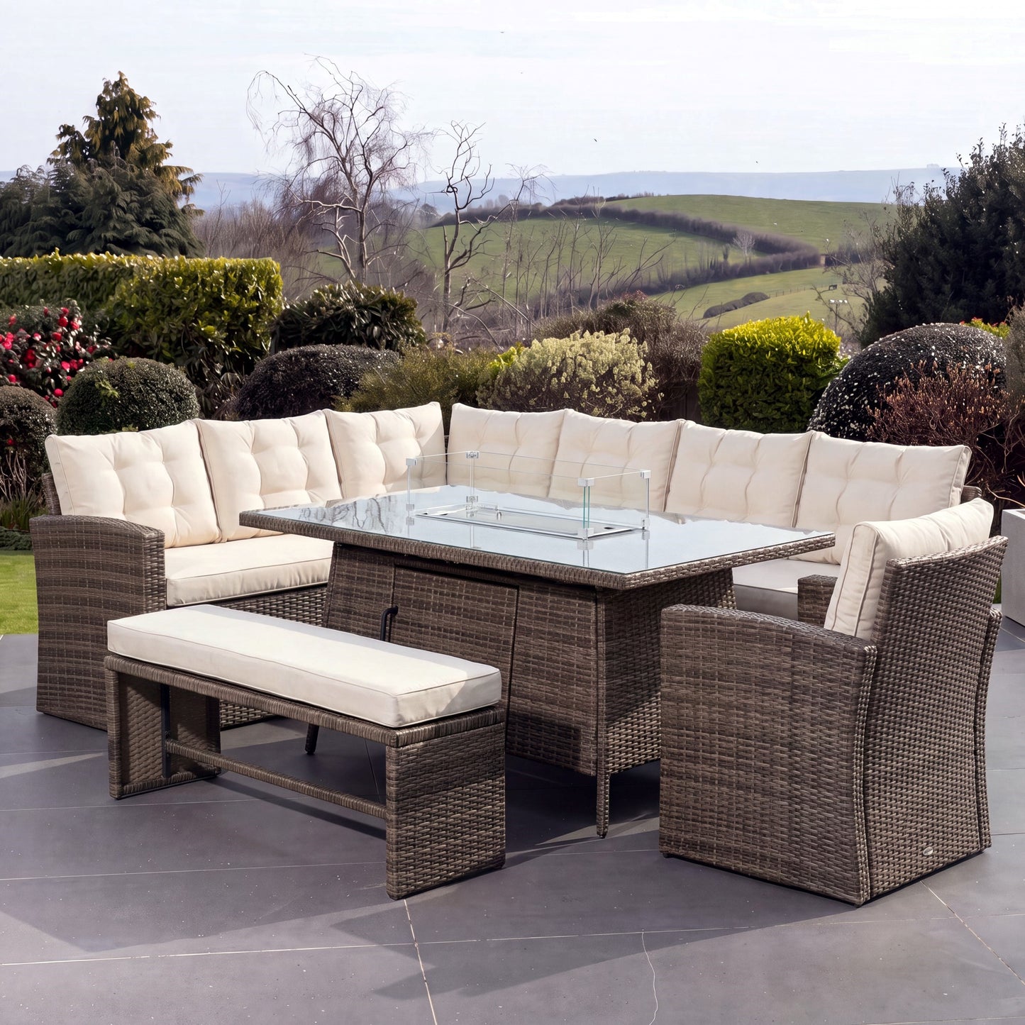 Piana 10 Seat Rattan Corner Sofa with Firepit Table, Bench and Chair - Brown