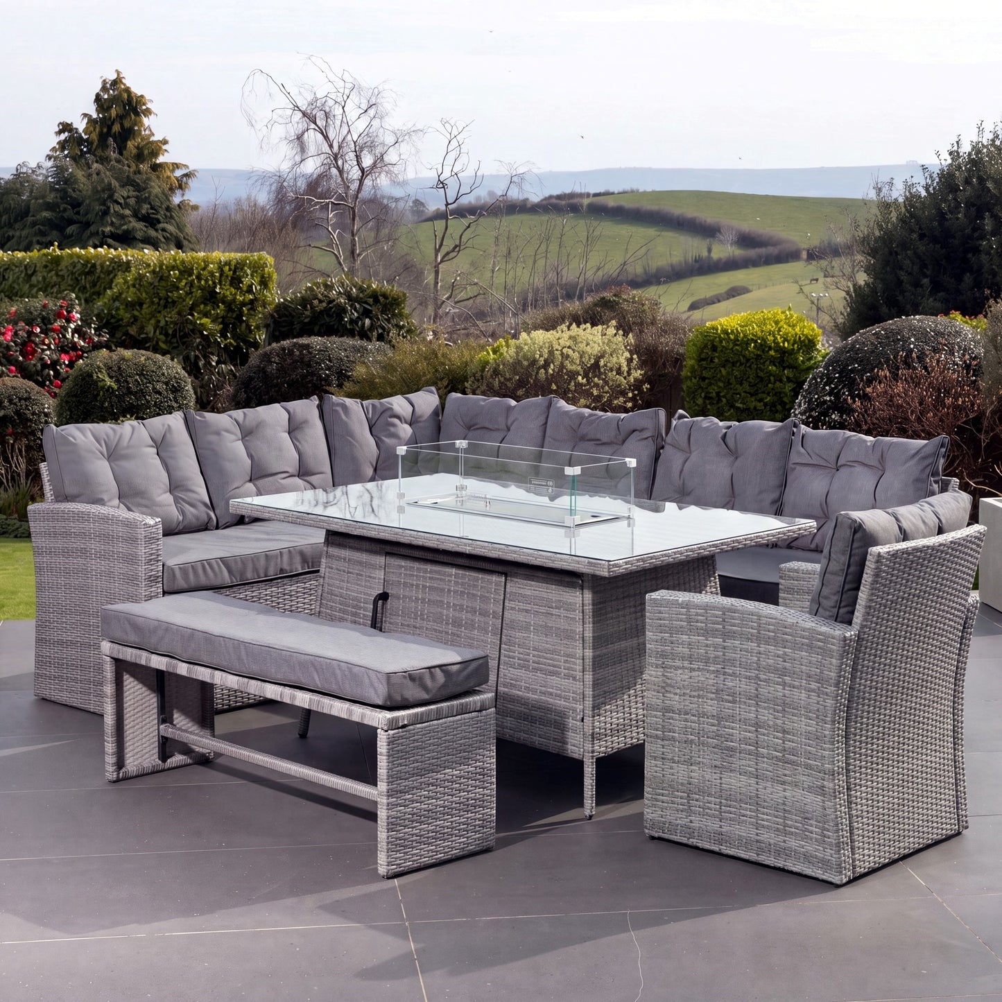 Piana 10 Seat Rattan Corner Sofa with Firepit Table, Bench and Chair - Grey