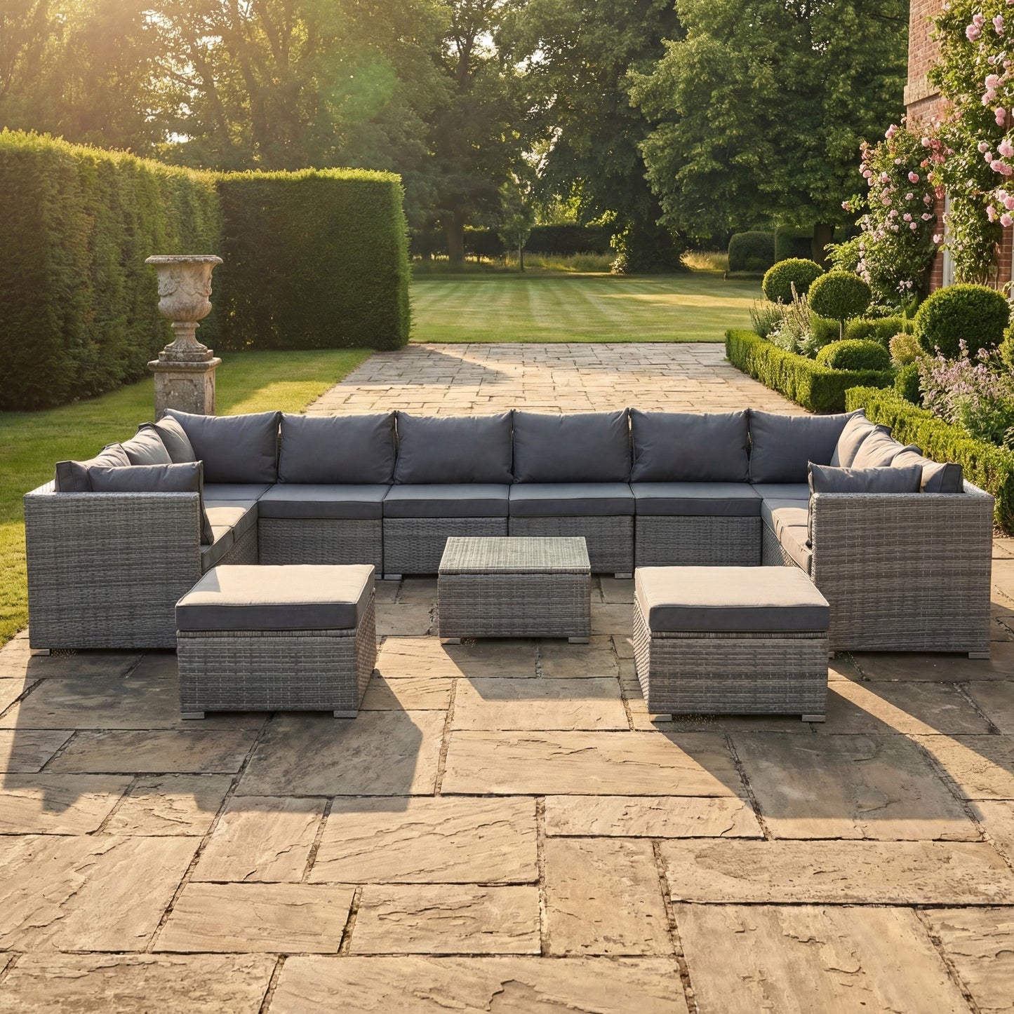Oliena 12 Seat Modular Rattan Large U-Shape Conversation Set - Grey on Grey
