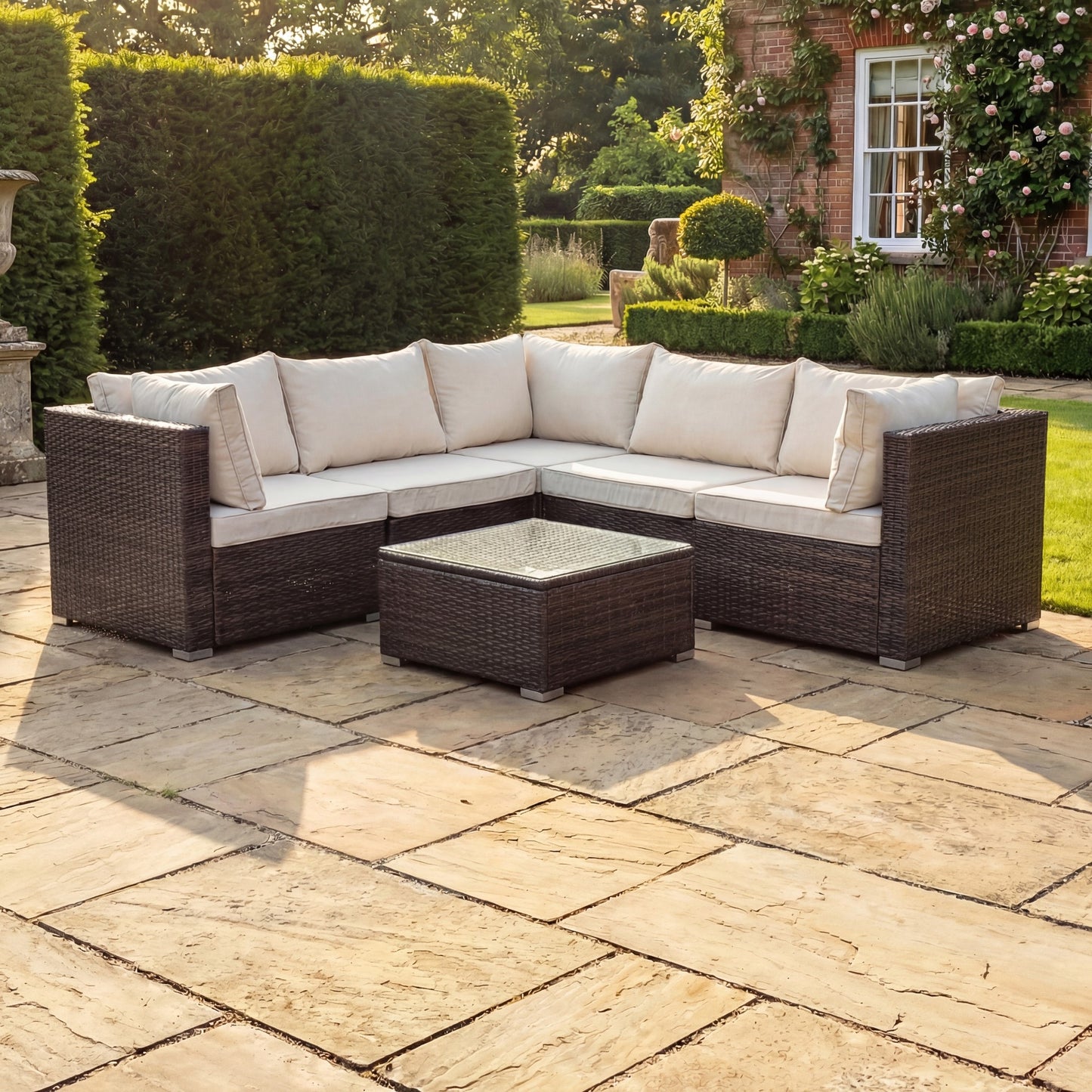 Oliena 5 Seat Modular Rattan L-Shaped Corner Conversation Set - Grey on Grey