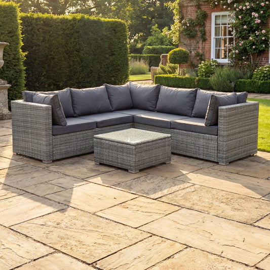 Oliena 5 Seat Modular Rattan L-Shaped Corner Conversation Set - Grey on Grey - Hanging Egg Chair