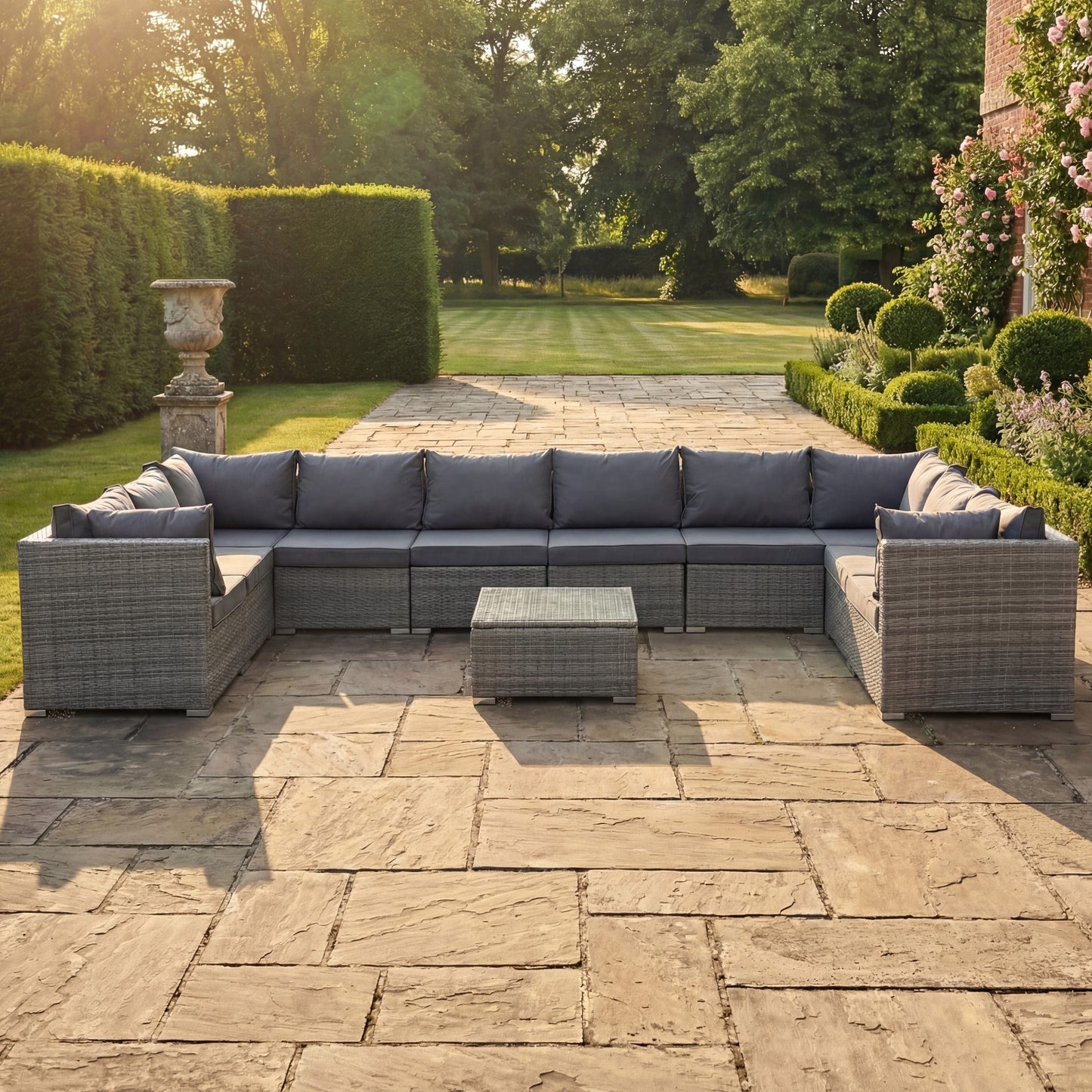 Oliena 10 Seat Modular Rattan Large U-Shape Conversation Set - Grey on Grey