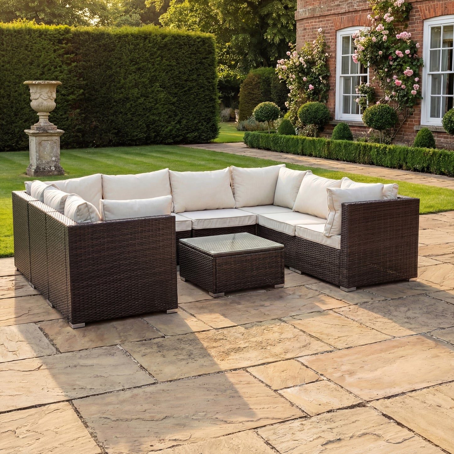 Oliena 8 Seat Modular Rattan Small U-Shape Conversation Set - Cream on Brown