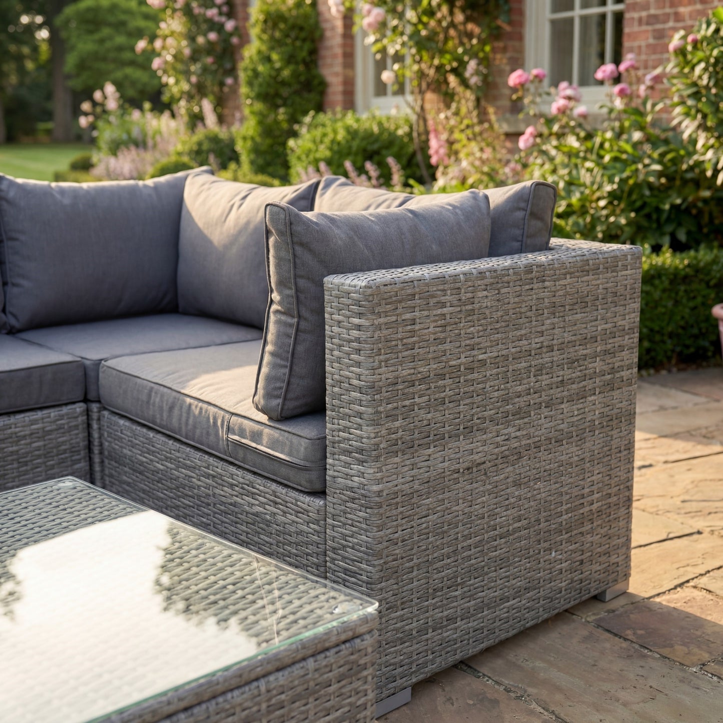 Oliena 8 Seat Modular Rattan Small U-Shape Conversation Set - Cream on Brown
