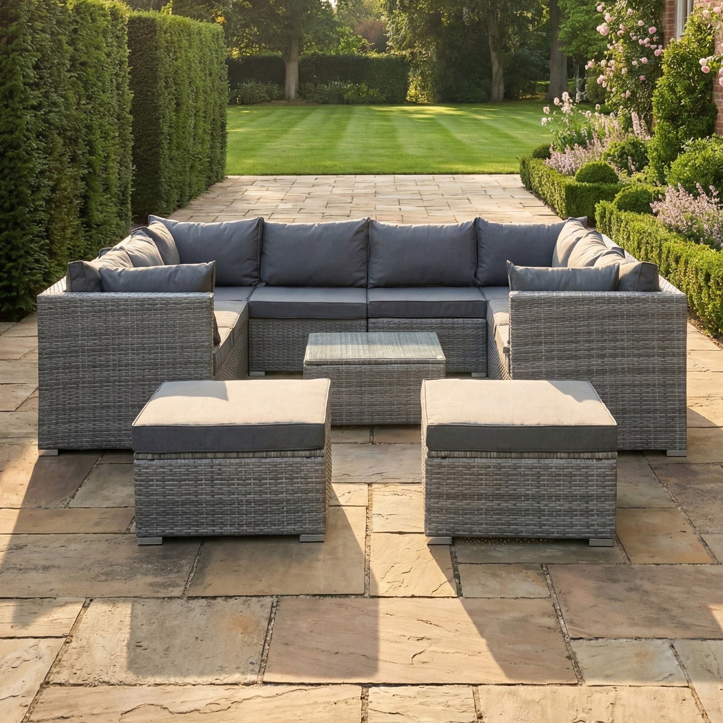 Oliena 10 Seat Modular Rattan Small U-Shape Conversation Set - Grey on Grey