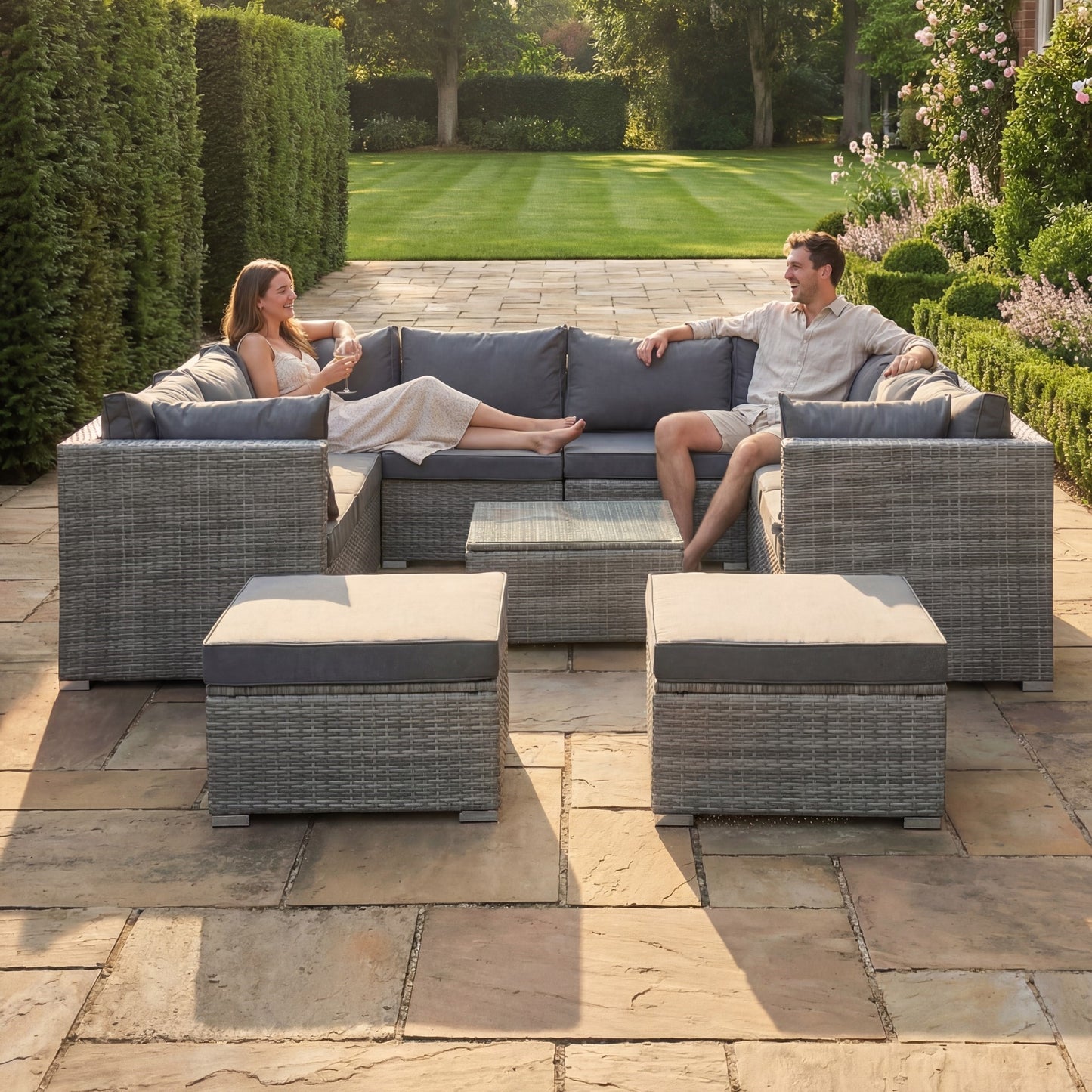 Oliena 10 Seat Modular Rattan Small U-Shape Conversation Set - Grey on Grey
