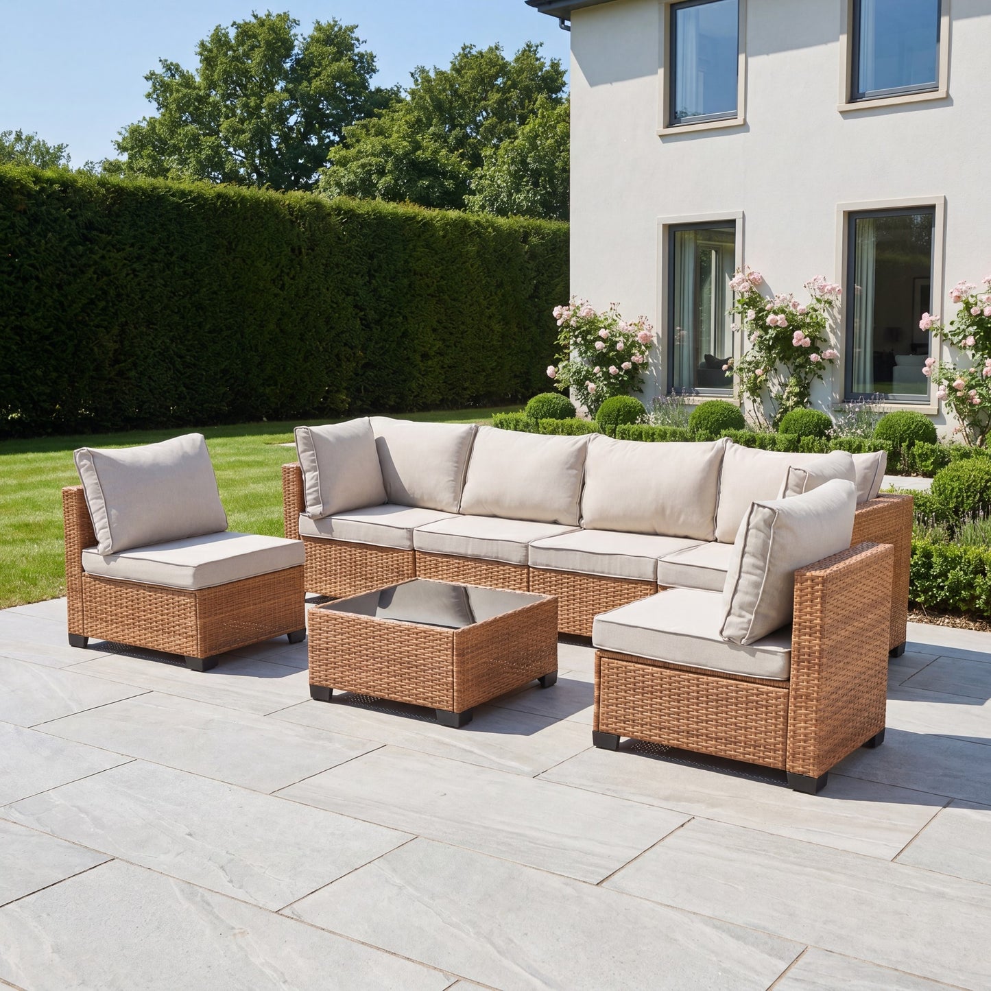 Saviano 6 Seat Modular Rattan Conversation Set - Cream & Tan