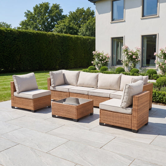 Saviano 6 Seat Modular Rattan Conversation Set - Cream & Tan - Hanging Egg Chair