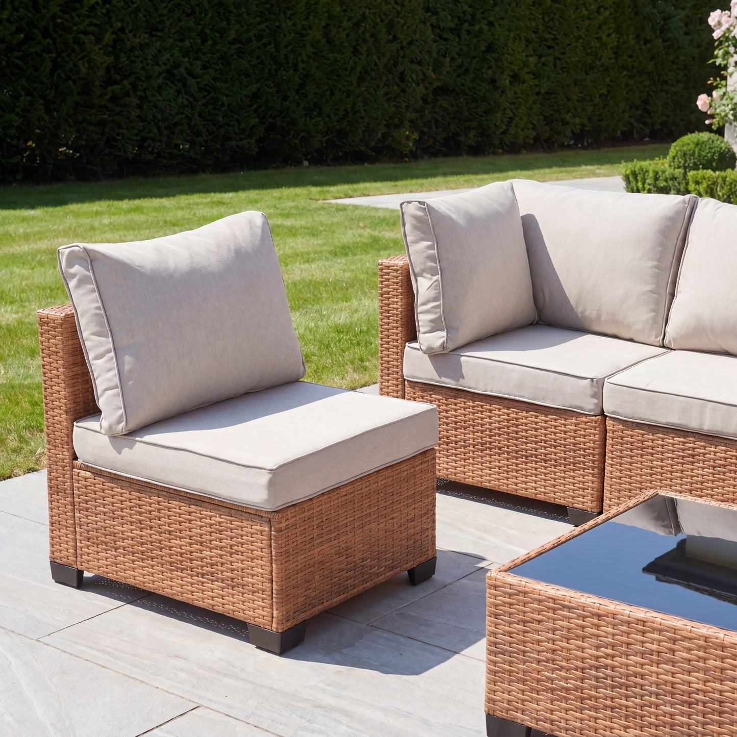 Saviano 6 Seat Modular Rattan Conversation Set - Cream & Tan