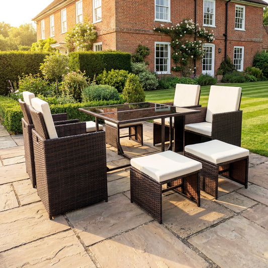 Giulia 9 Piece Rattan Cube Outdoor Set - Cream on Brown