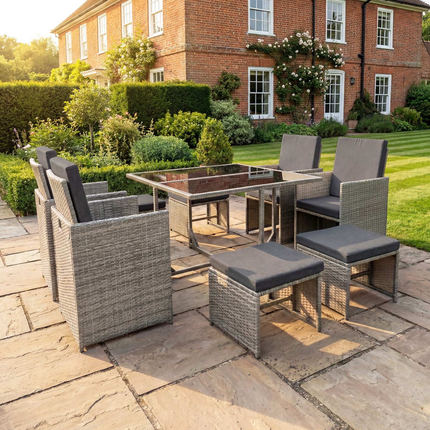 Giulia 9 Piece Rattan Cube Outdoor Set - Dark Grey on Grey
