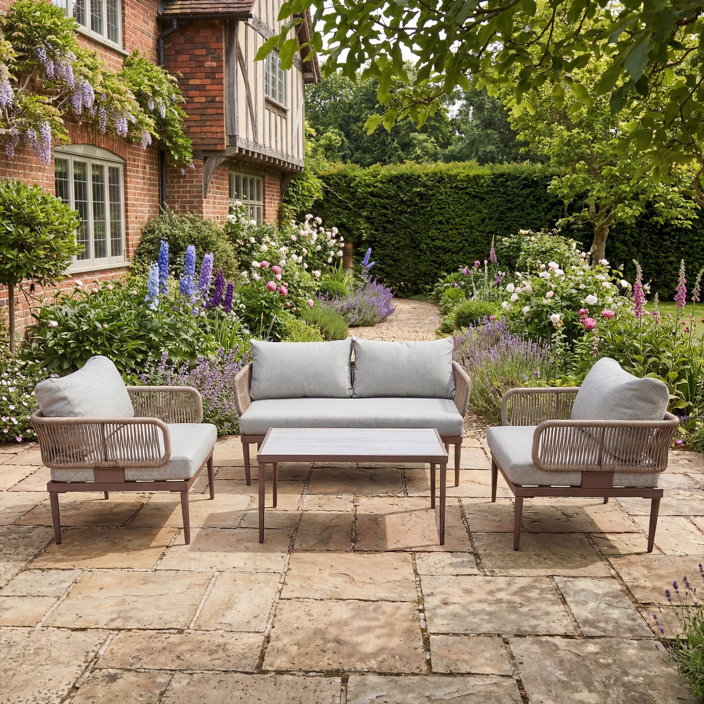 Soveria Outdoor Conversation Set - 2 Seat Sofa, 2 x Chairs + Table - Brown