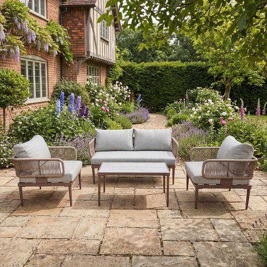 Soveria Outdoor Conversation Set - 2 Seat Sofa, 2 x Chairs + Table - Brown