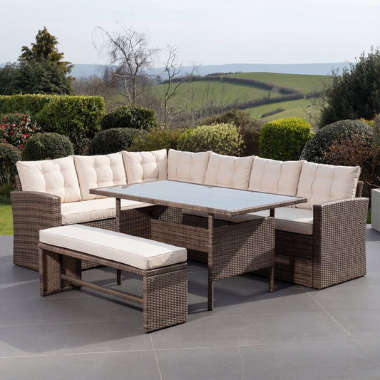 Piana Outdoor Dining Set - Corner, Bench & Table - Cream on Brown