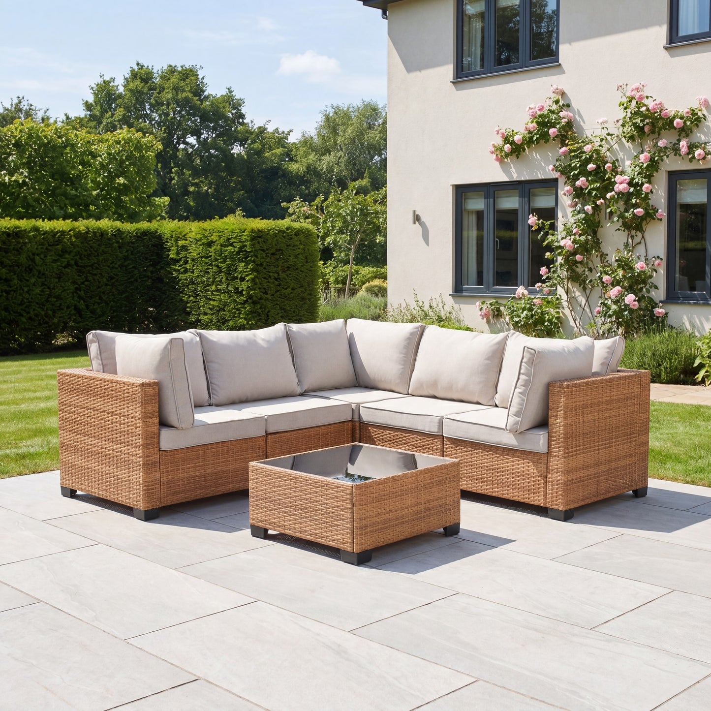 Saviano 5 Seat Modular L-Shaped Rattan Corner Set - Cream & Tan