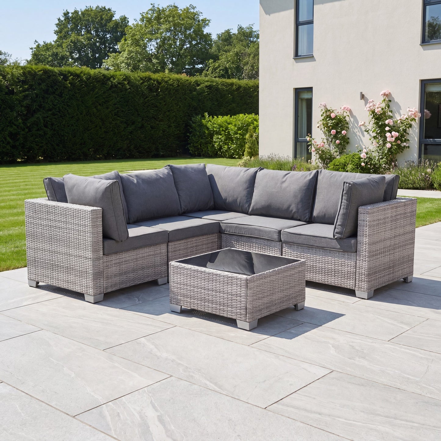 Saviano 5 Seat Modular L-Shaped Rattan Corner Set - Grey