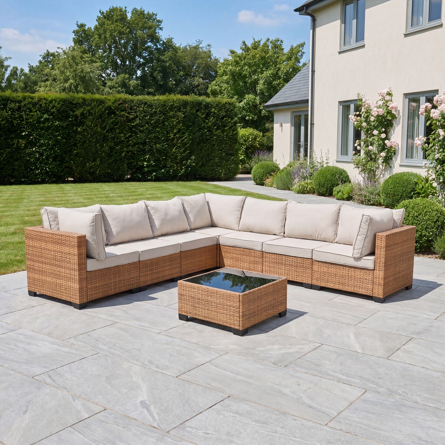 Saviano 7 Seat Modular Large L-Shaped Rattan Corner Set - Cream & Tan