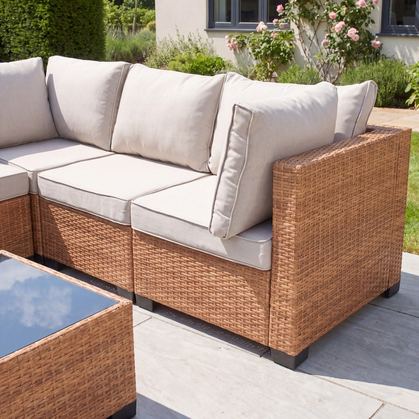 Saviano 7 Seat Modular Large L-Shaped Rattan Corner Set - Cream & Tan