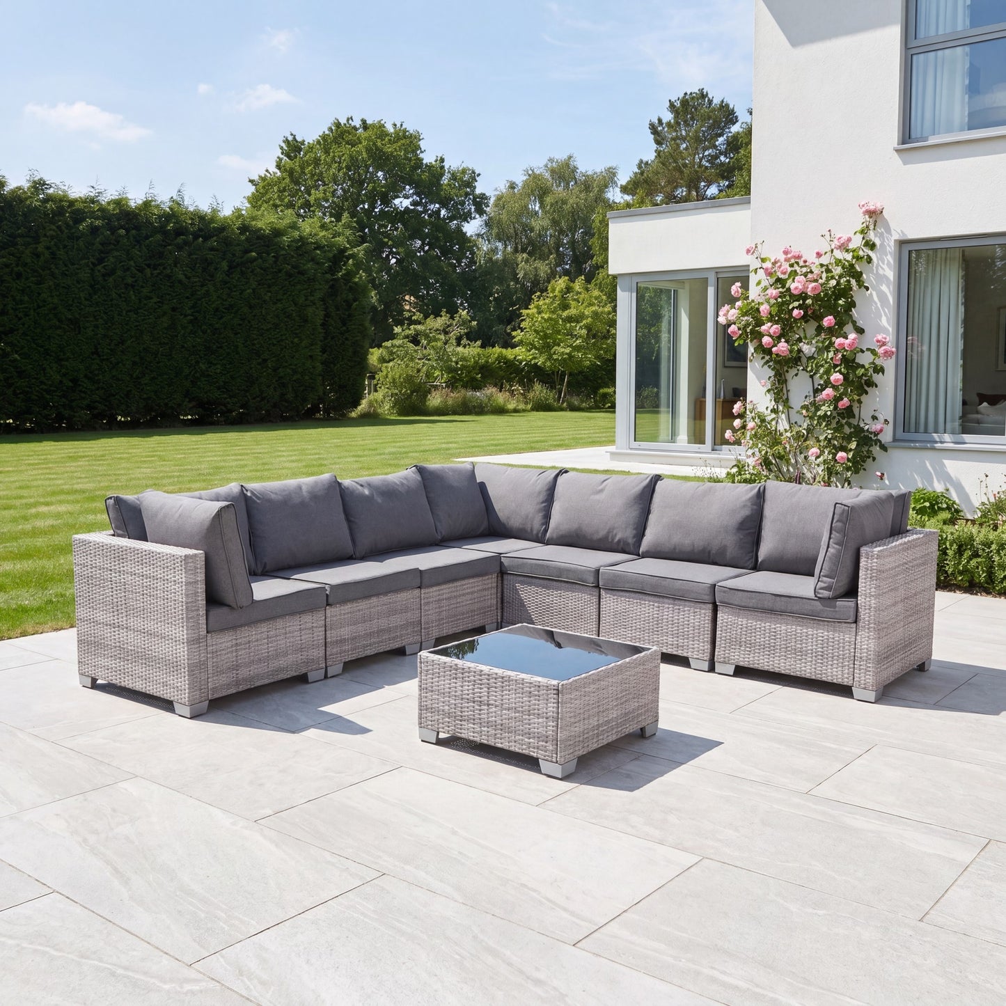 Saviano 7 Seat Modular Large L-Shaped Rattan Corner Set - Grey