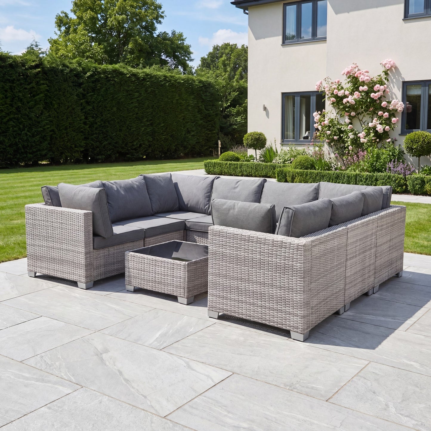 Saviano 8 Seat Modular U-Shaped Rattan Corner Set - Grey