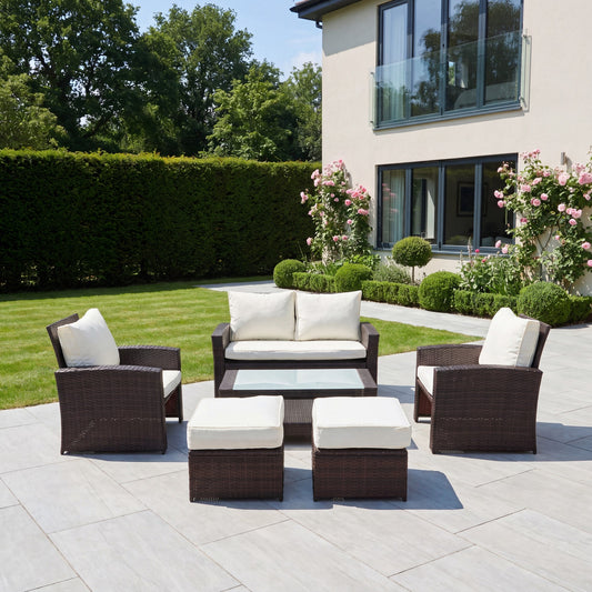 Dovera 6 Seat Rattan Patio Set - Brown & Cream - Hanging Egg Chair