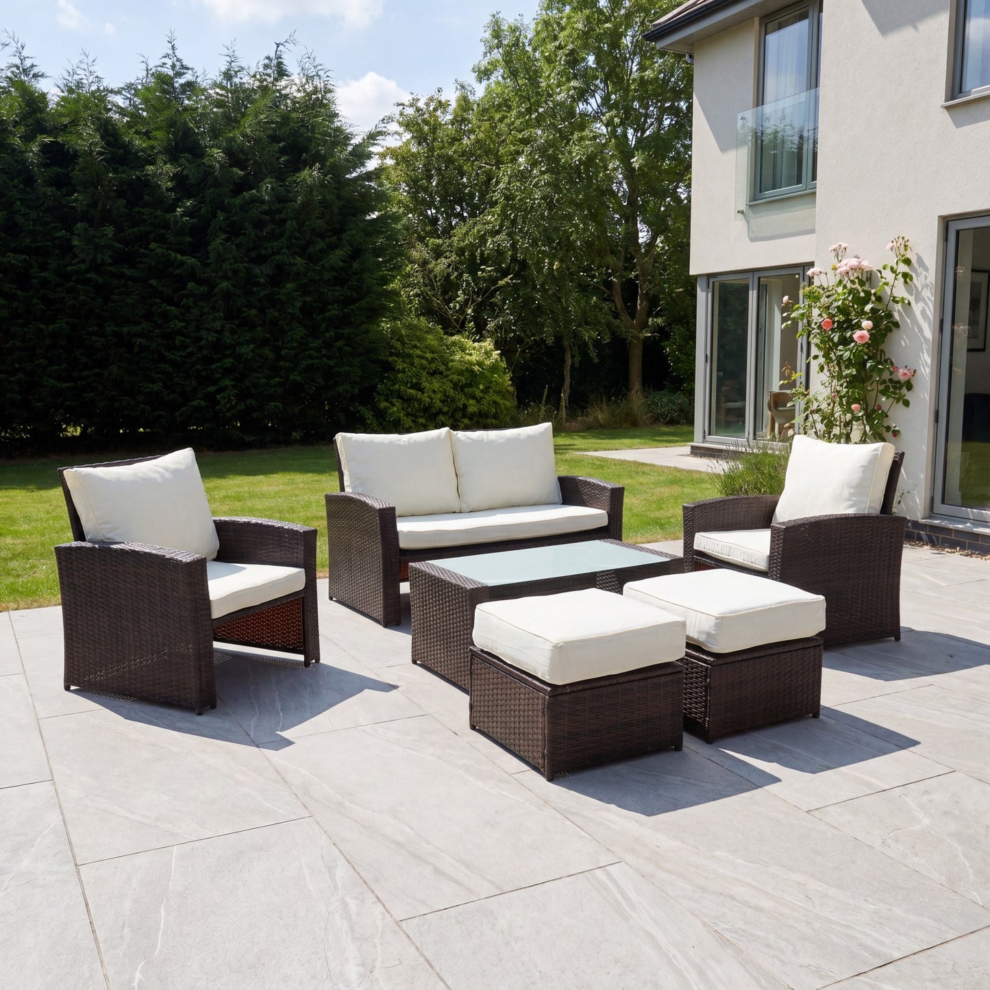 Dovera 6 Seat Rattan Patio Set - Brown & Cream