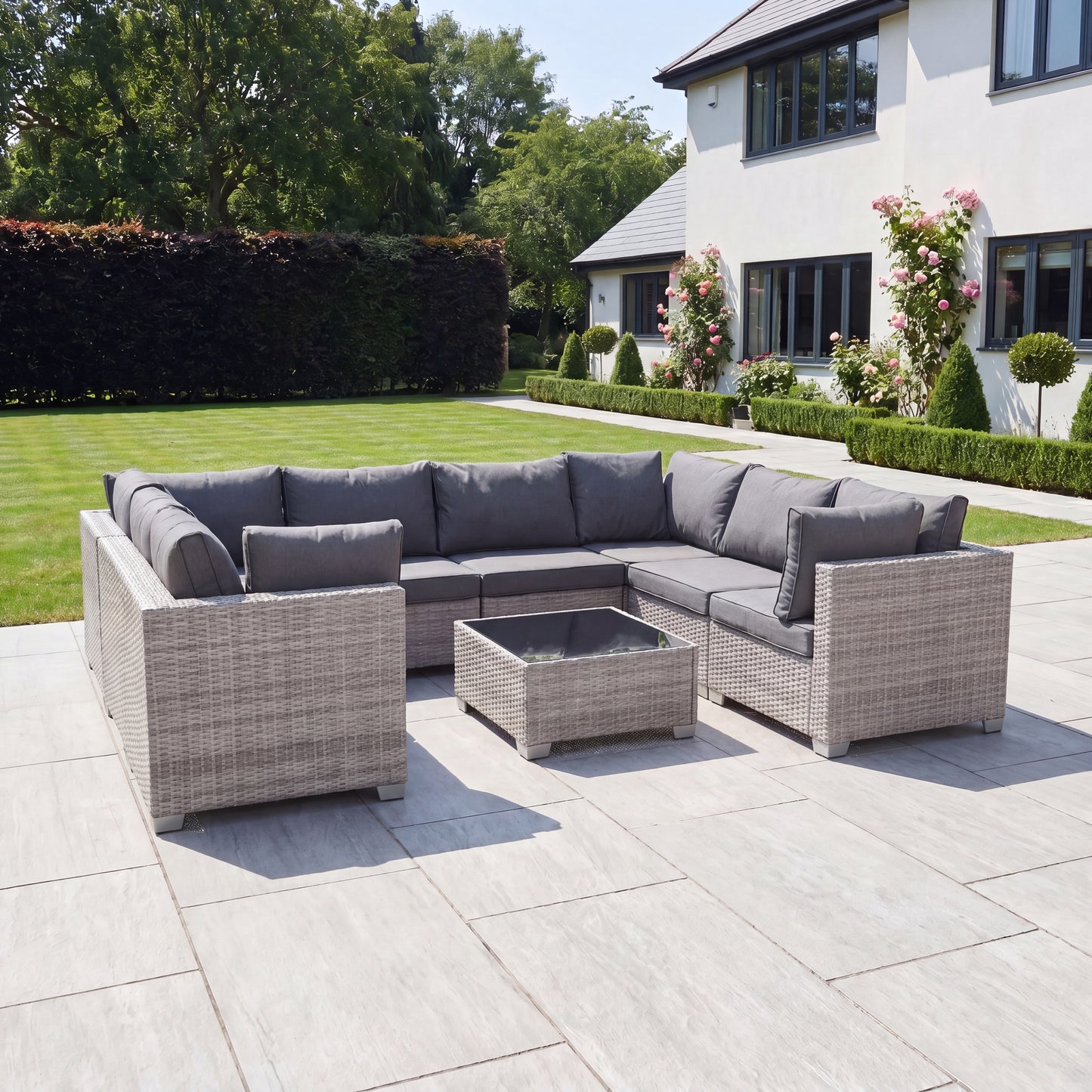 Saviano 8 Seat Modular U-Shaped Rattan Corner Set - Grey