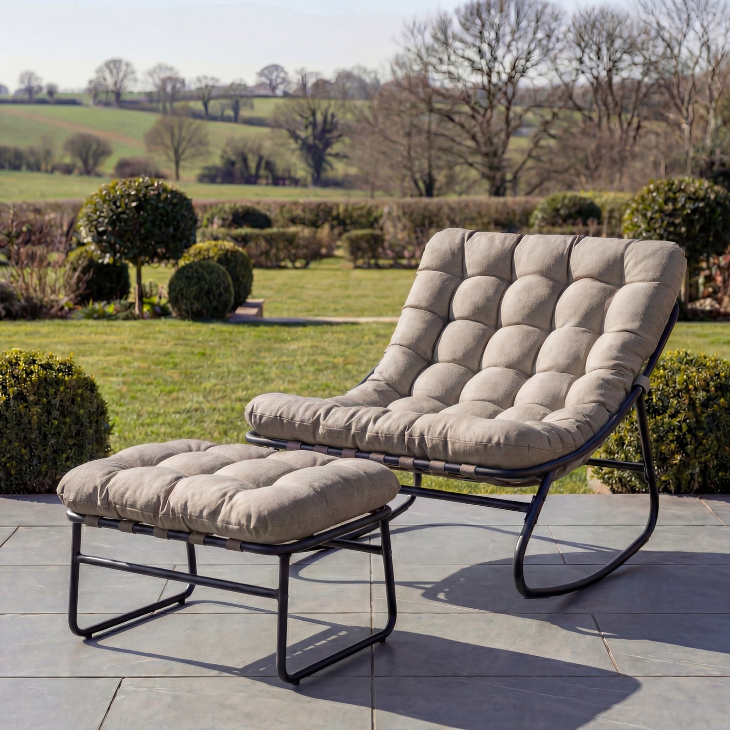 Solace Outdoor Rocking Chair + Stool - Light Brown